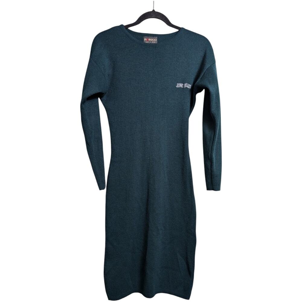 Fiorucci Teal Embroidered Long Sleeve Midi Knit Dress VTG Size S